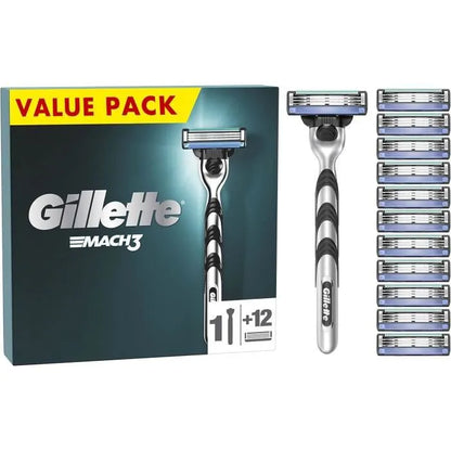 Gillette Mach3Rasoir - GILLETTE - Mach3 - 3 Lames - Manche en Acier Inoxydable - 12 Recharges Incluses